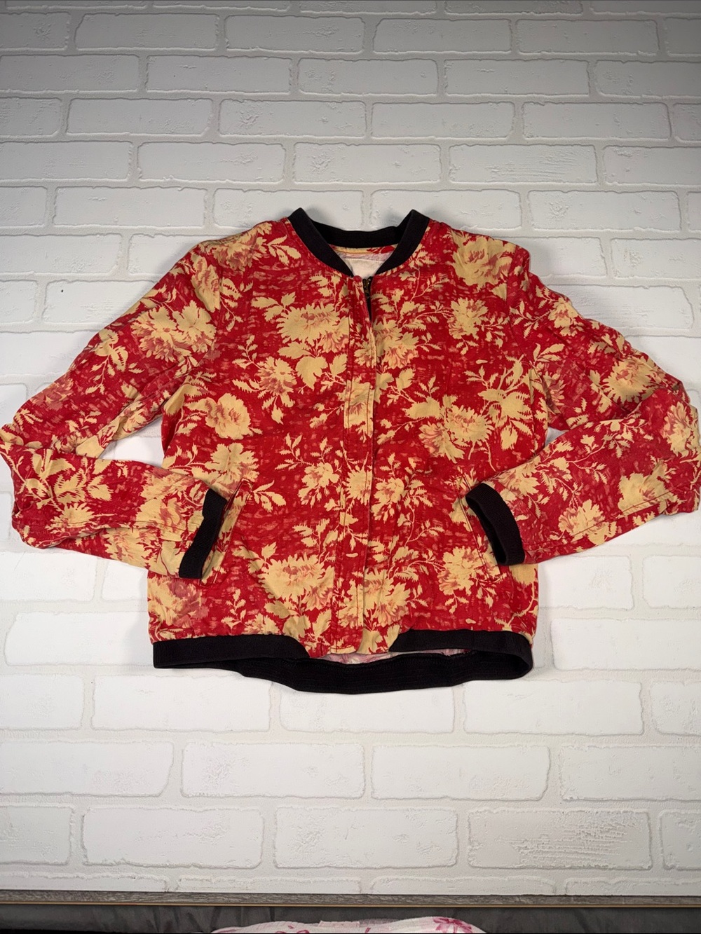 Vintage Ralph Lauren Denim & Supply Women's Red Floral Bomber Jacket Medium